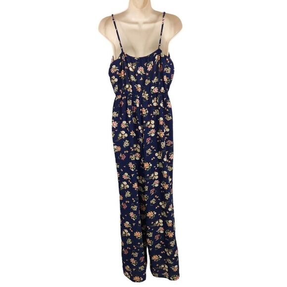 Pink Rose Jumpsuit Blue Floral Chiffon Wide Leg Spaghetti Straps - Picture 7 of 11